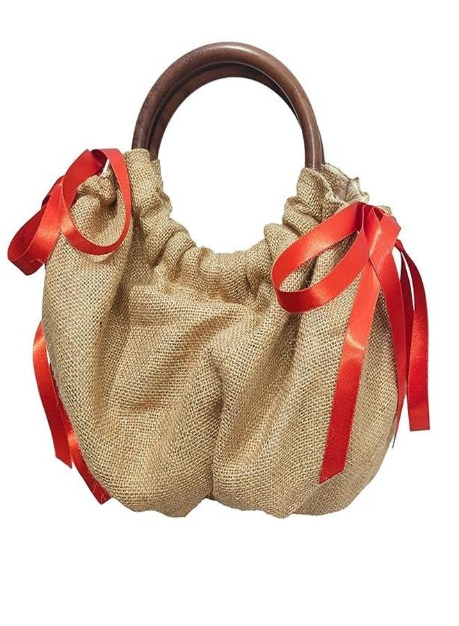 ATHZ women handbag || baggy style wooden handle casual fashion | | Plain jute || hand carry wristlets pouch bags for women (Golden Jute, Satin Orange side bow tie ribbon) - Image 1